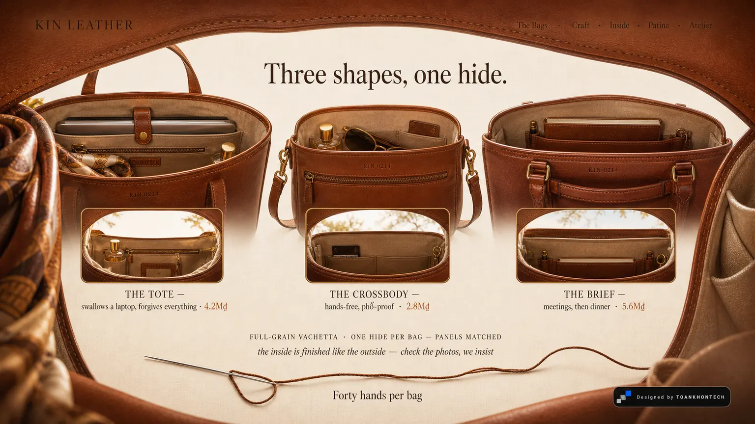 KIN LEATHER website concept artboard focused on bags