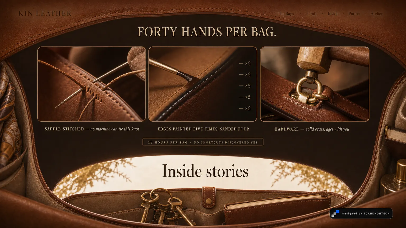 KIN LEATHER website concept artboard focused on craft