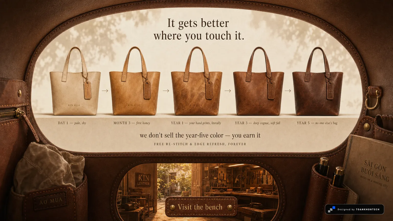 KIN LEATHER website concept artboard focused on patina