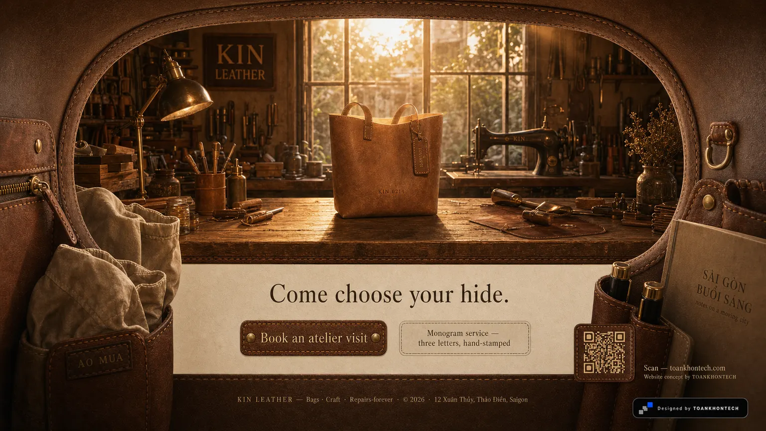 KIN LEATHER website concept artboard focused on closing invitation