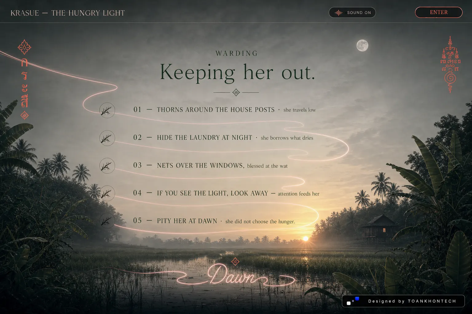 KRASUE — THE HUNGRY LIGHT website concept artboard focused on survival