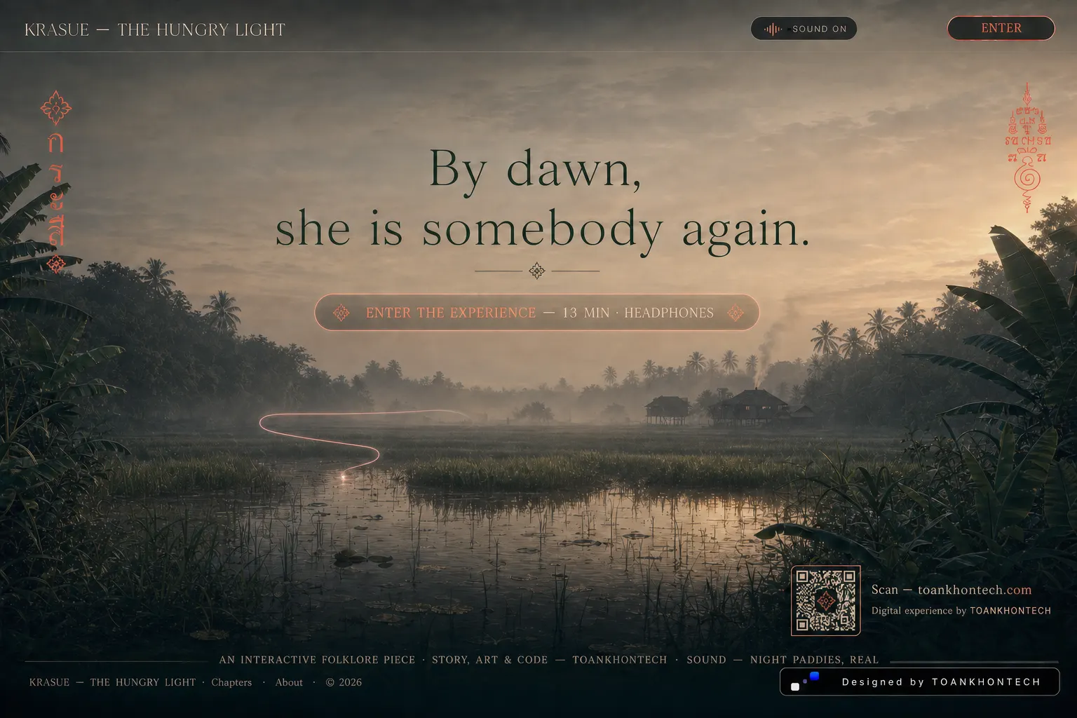 KRASUE — THE HUNGRY LIGHT website concept artboard focused on closing invitation