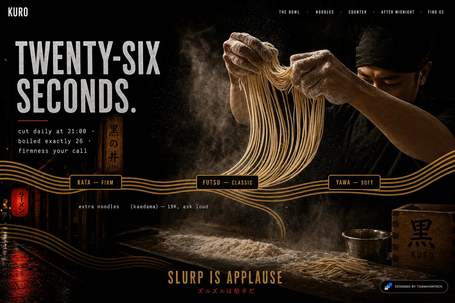 KURO website concept artboard focused on noodles