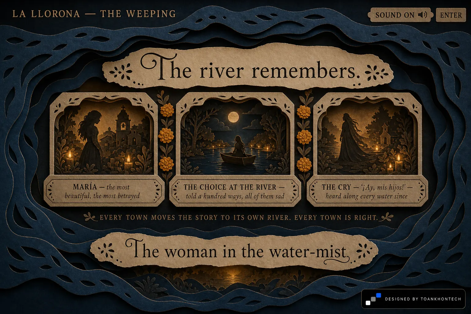 LA LLORONA website concept artboard focused on place of origin