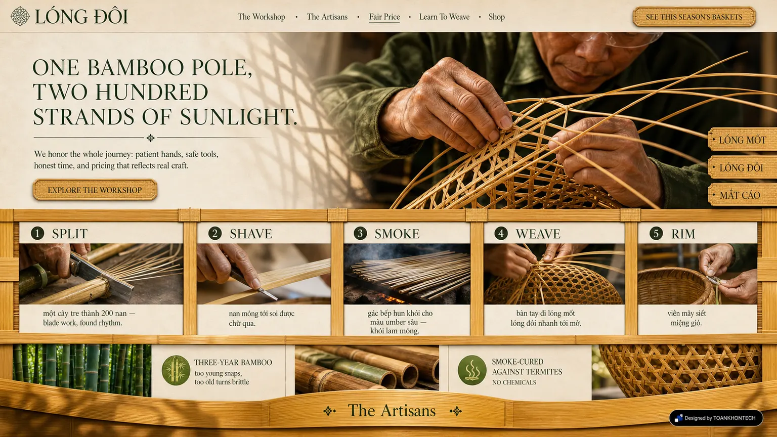 LÓNG ĐÔI website concept artboard focused on making process