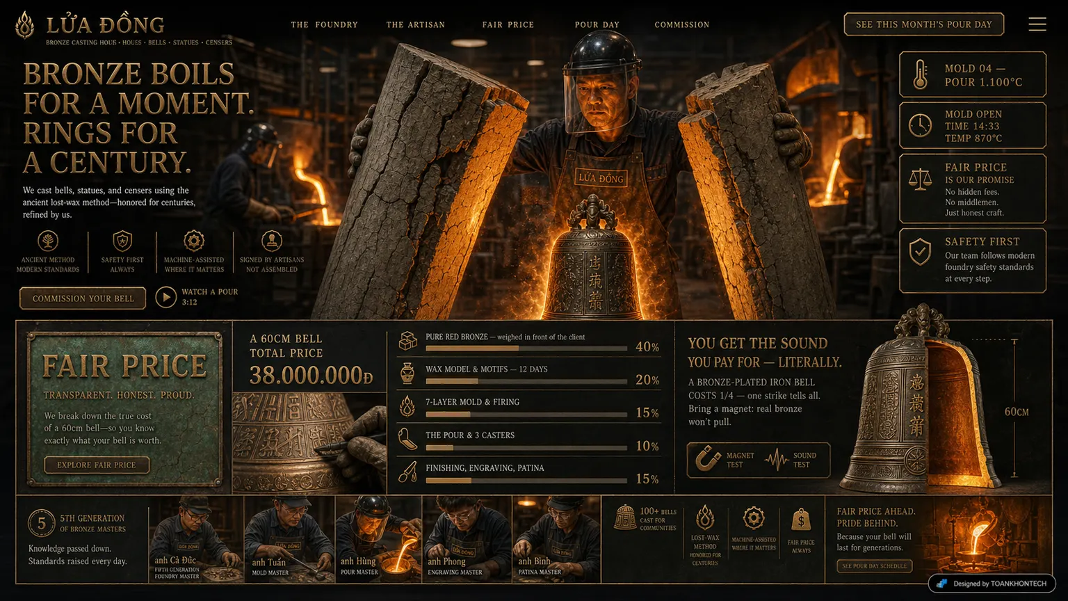 LỬA ĐỒNG website concept artboard focused on fair-price model