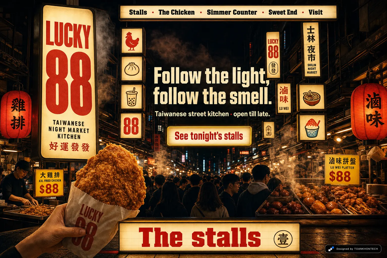 LUCKY 88 — Taiwanese street kitchen · open till late.