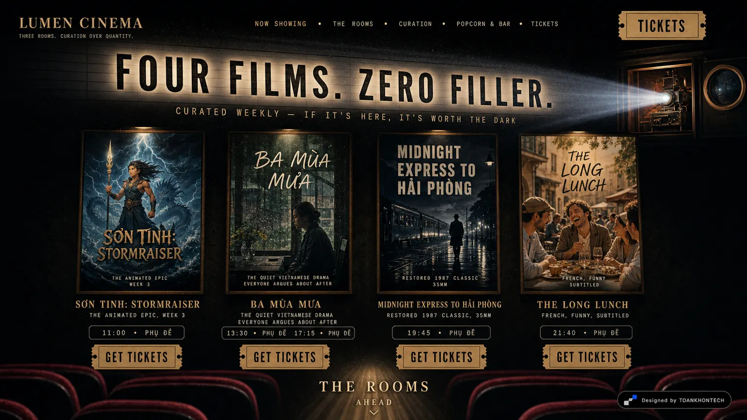 LUMEN CINEMA website concept artboard focused on nowshowing