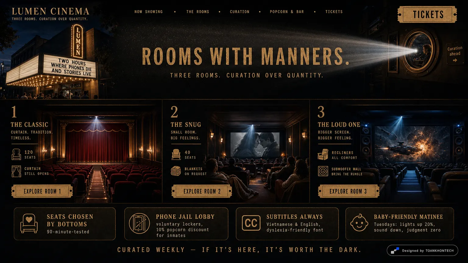 LUMEN CINEMA website concept artboard focused on therooms