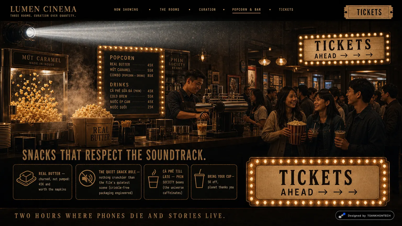 LUMEN CINEMA website concept artboard focused on popcornbar