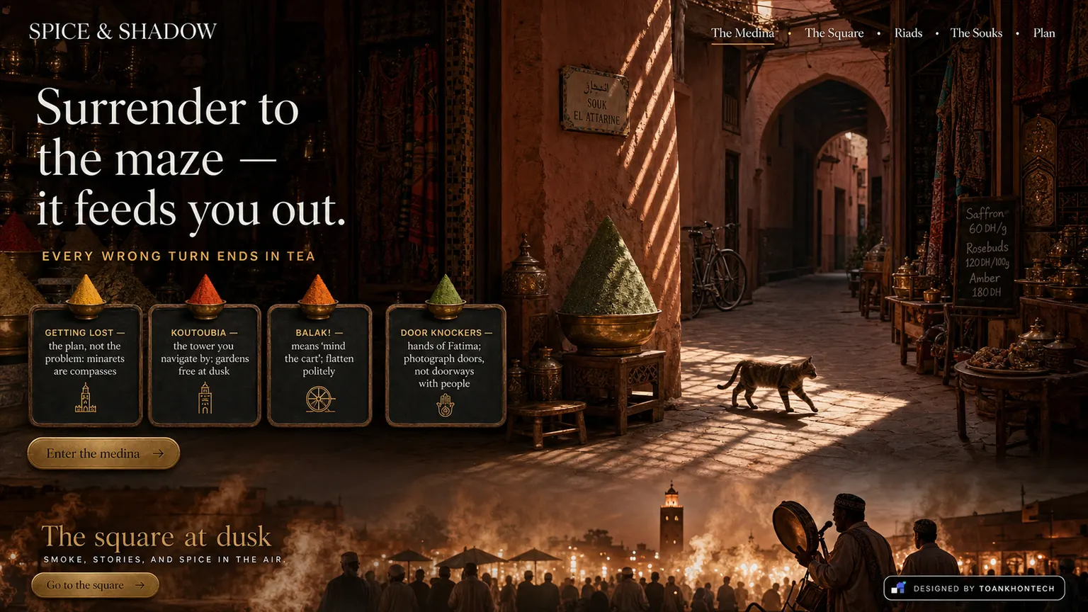 SPICE & SHADOW website concept artboard focused on medina