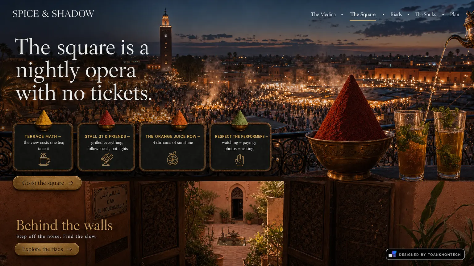 SPICE & SHADOW website concept artboard focused on thesquare