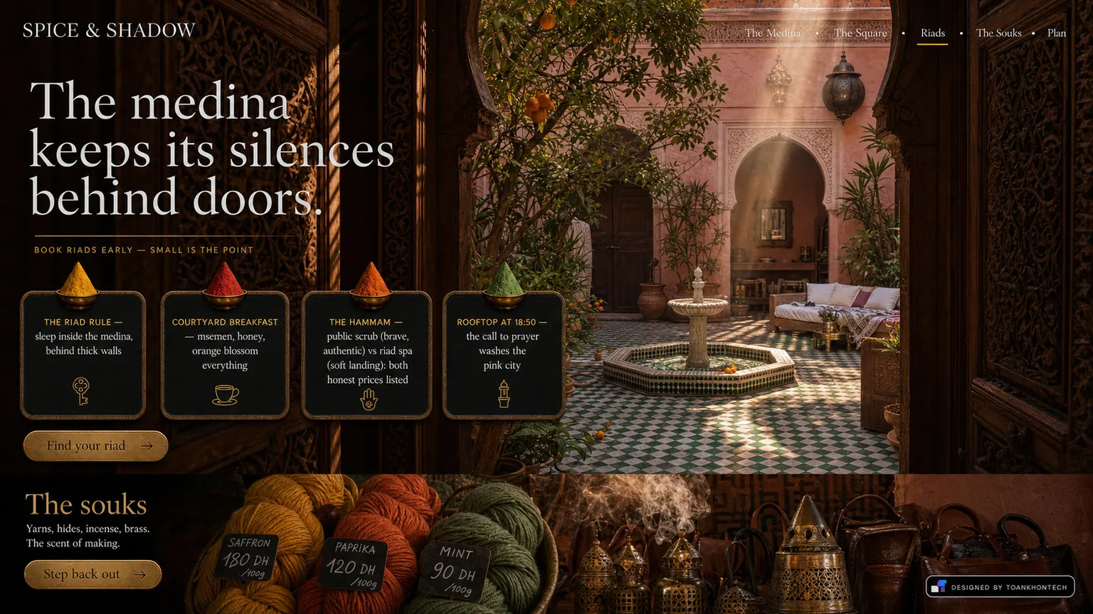 SPICE & SHADOW website concept artboard focused on riads