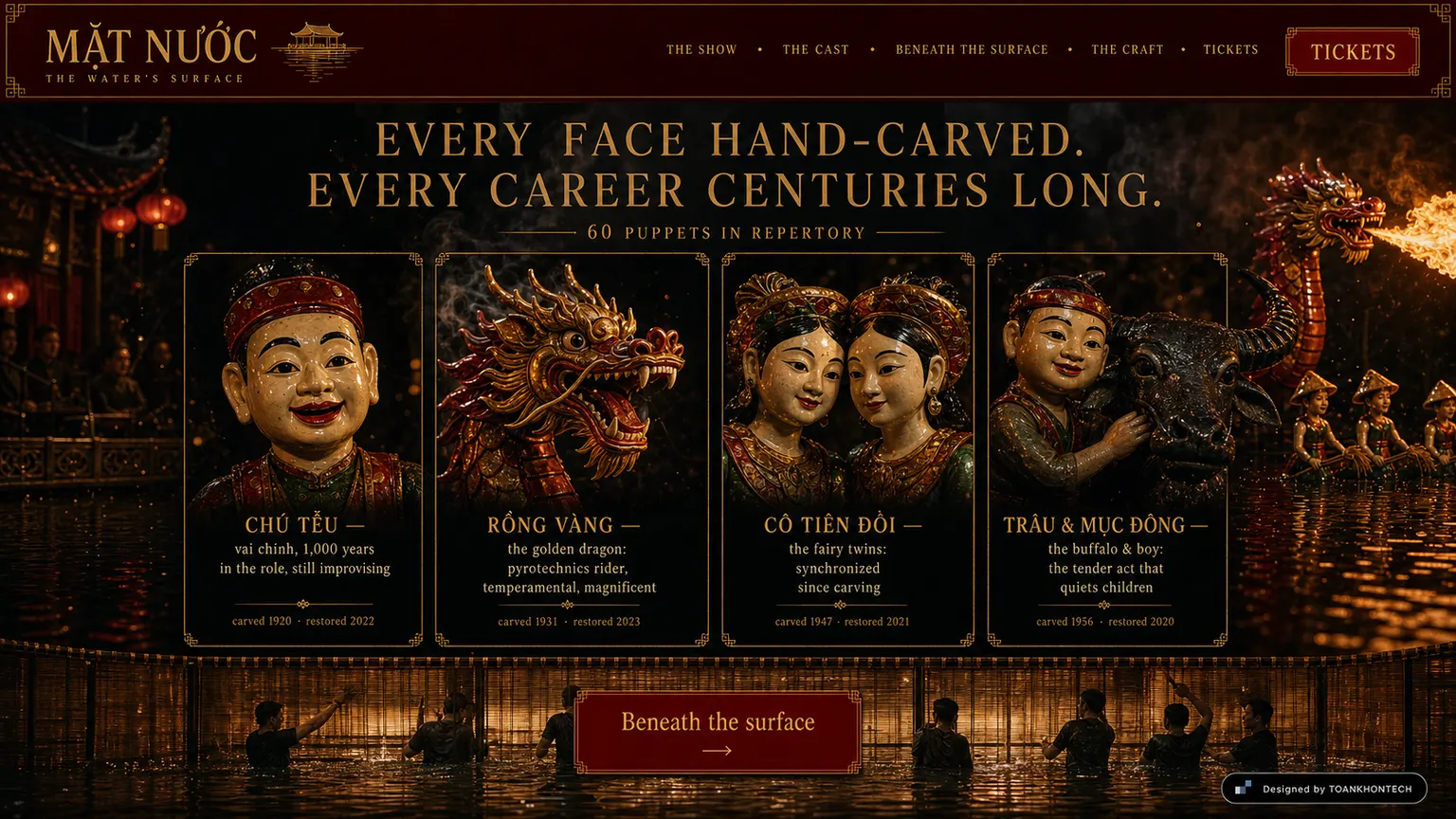 MẶT NƯỚC website concept artboard focused on thecast