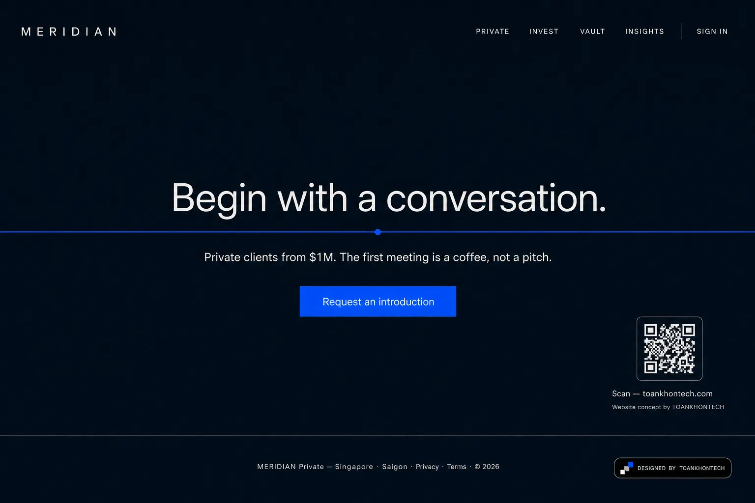 MERIDIAN website concept artboard focused on closing invitation