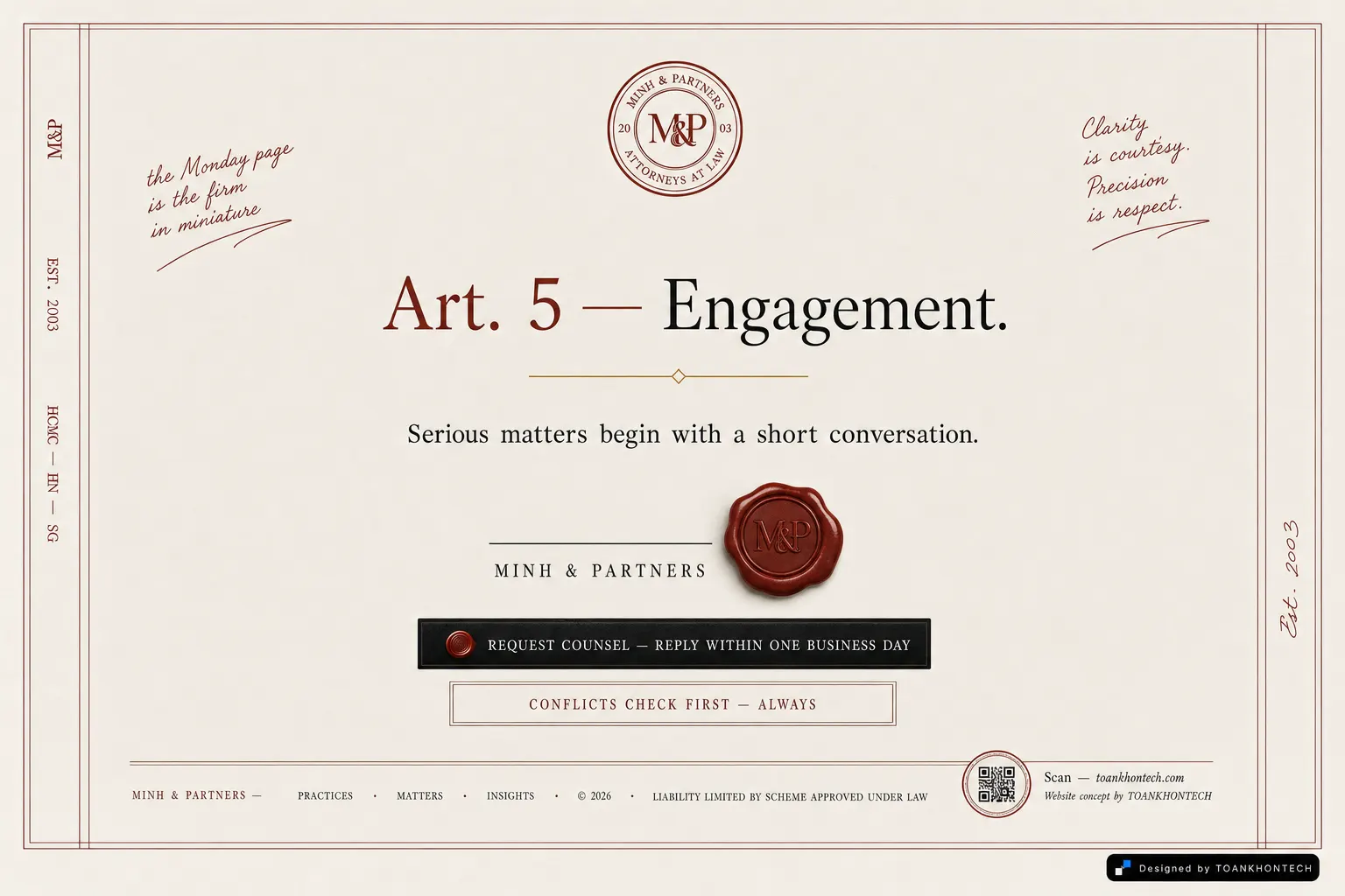 Minh & Partners website concept artboard focused on closing invitation