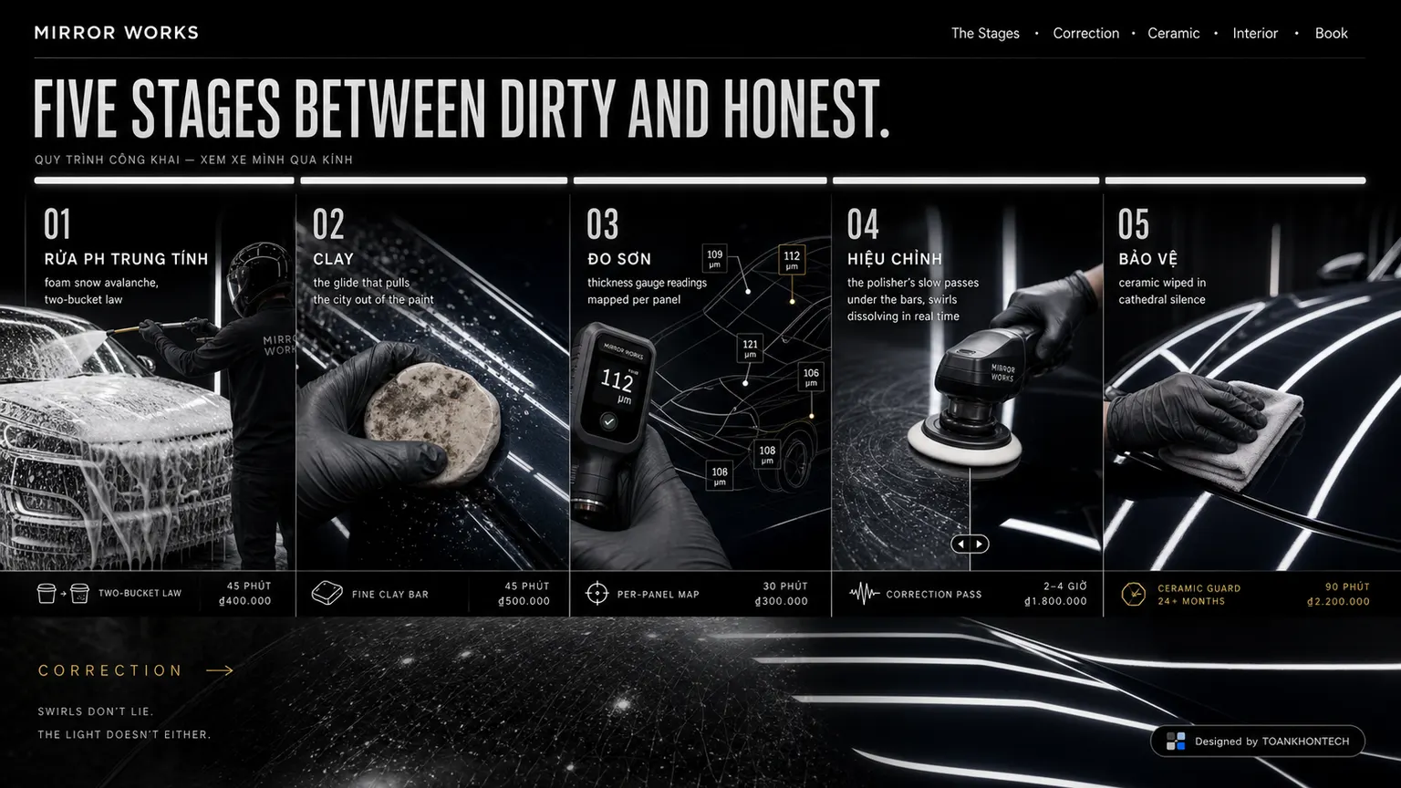 MIRROR WORKS website concept artboard focused on thestages