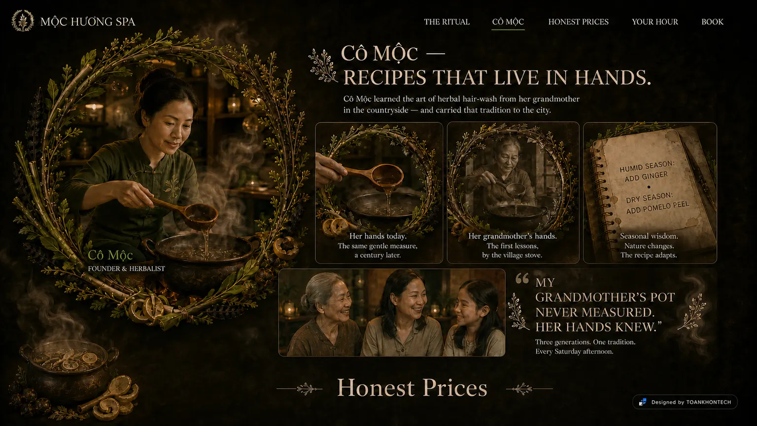 MỘC HƯƠNG SPA website concept artboard focused on story
