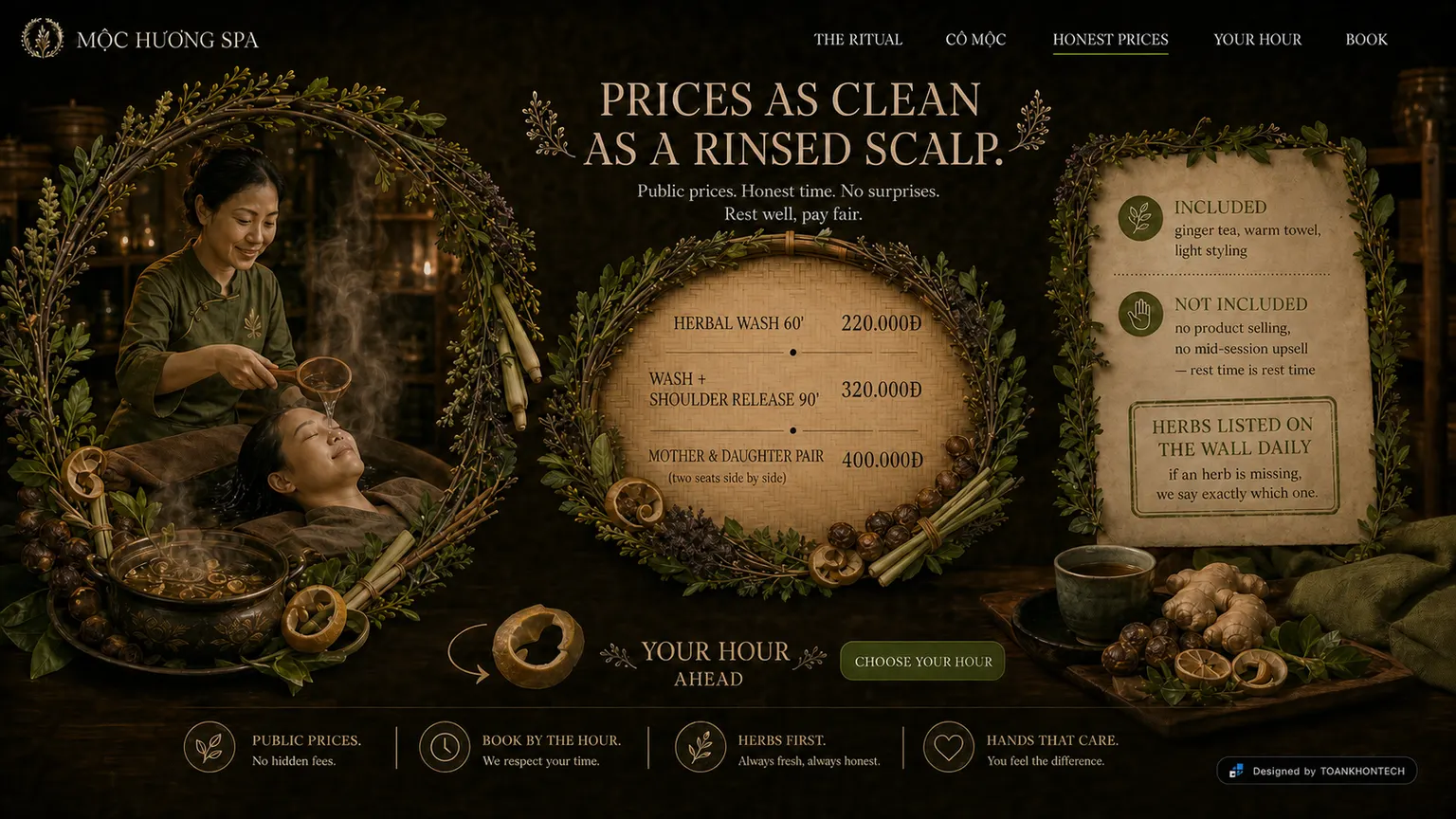 MỘC HƯƠNG SPA website concept artboard focused on prices
