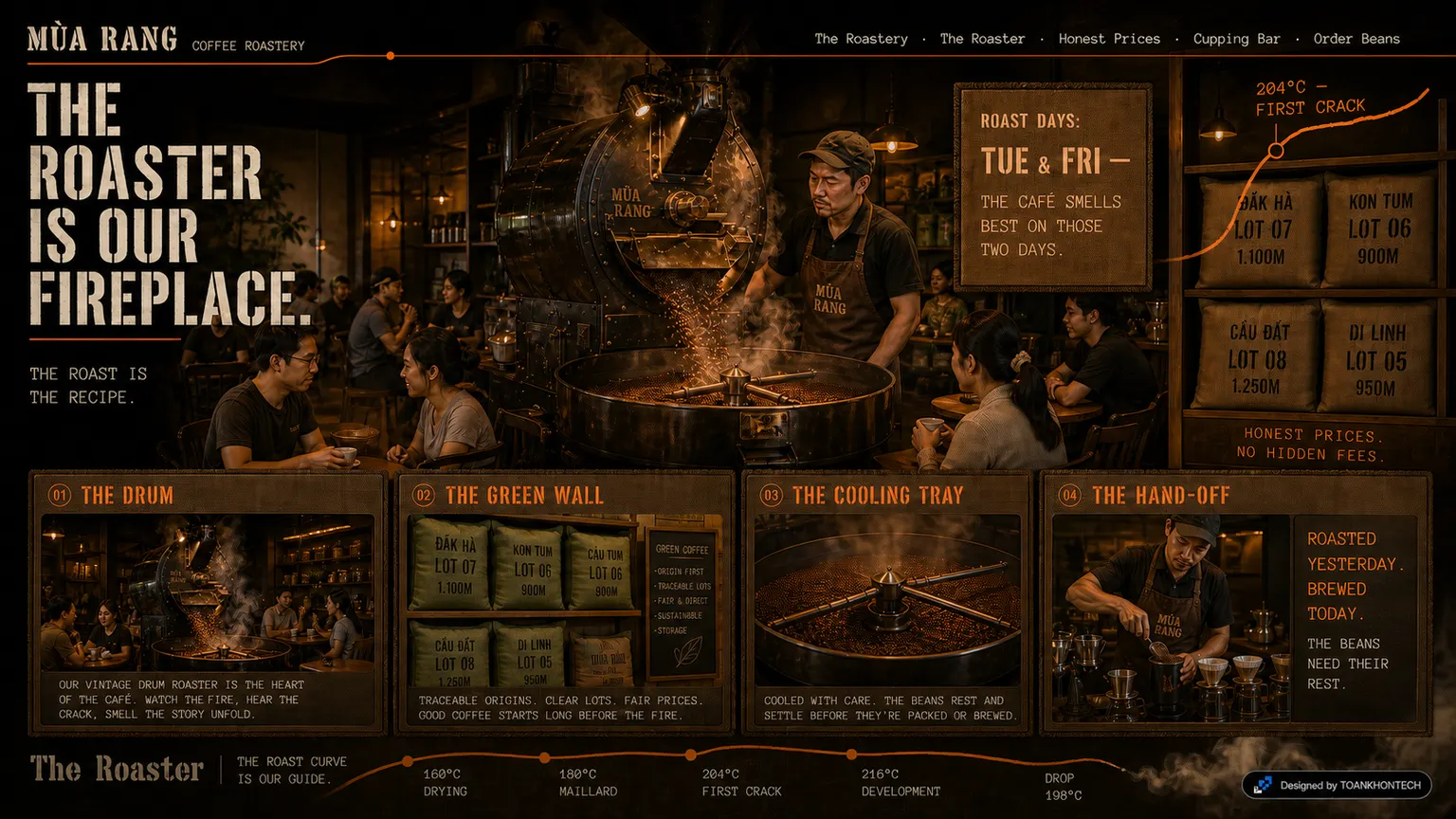 MÙA RANG COFFEE ROASTERY website concept artboard focused on visitor space