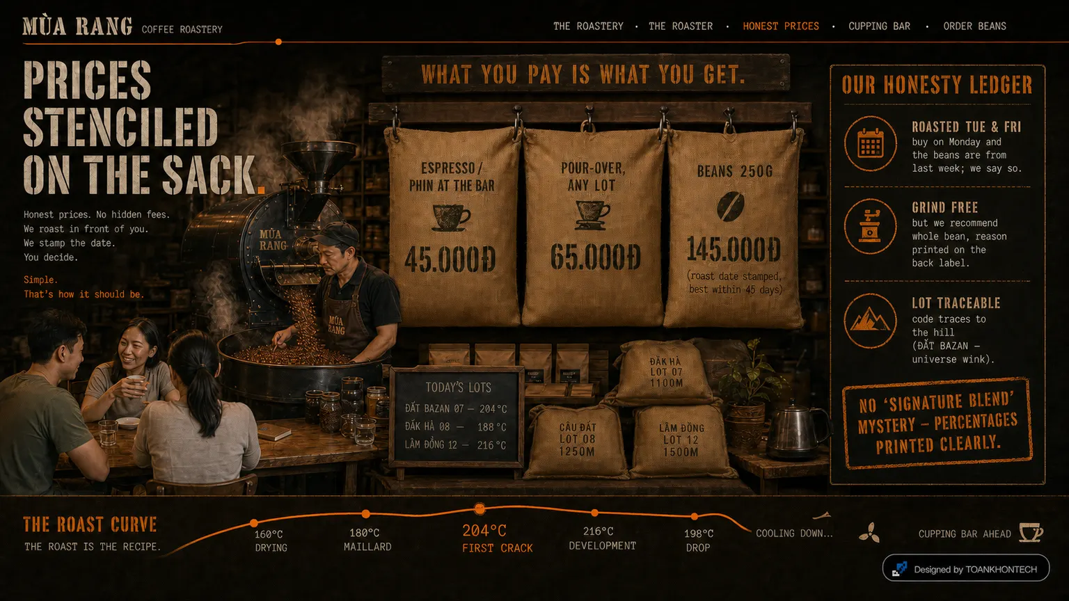 MÙA RANG COFFEE ROASTERY website concept artboard focused on prices