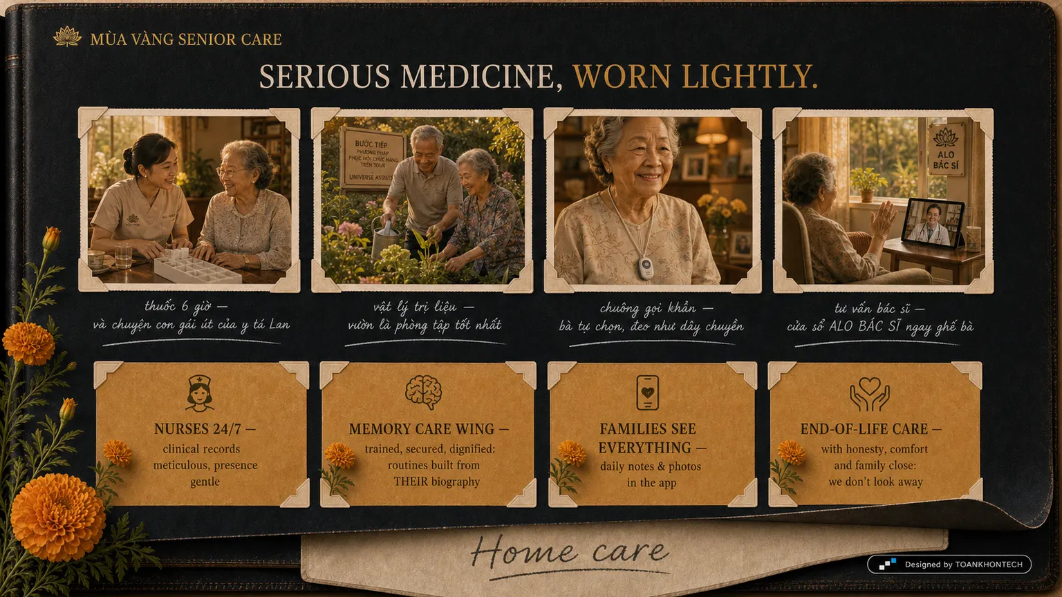 MÙA VÀNG SENIOR CARE website concept artboard focused on health