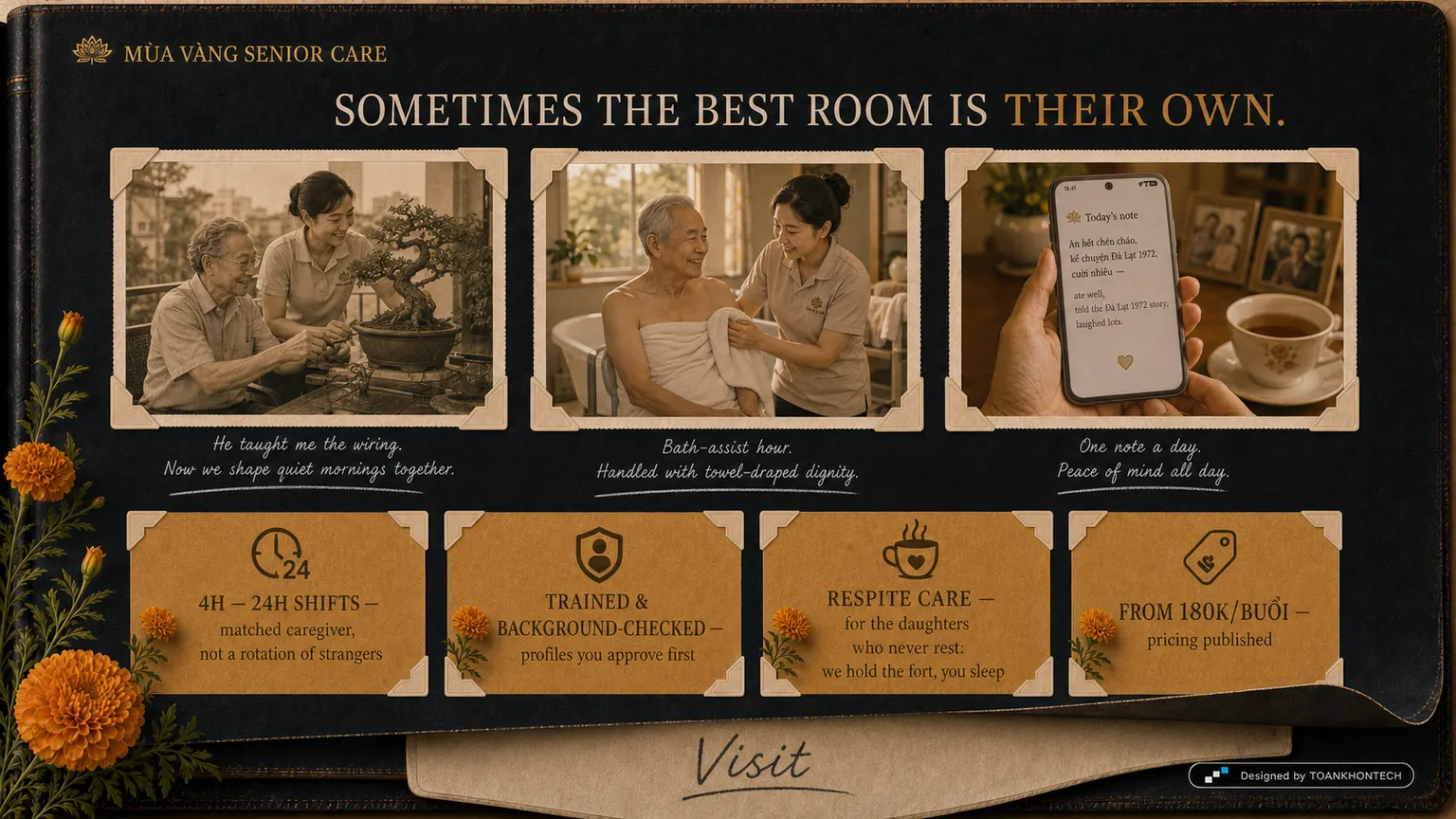 MÙA VÀNG SENIOR CARE website concept artboard focused on homecare