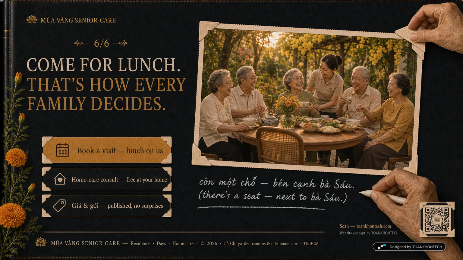 MÙA VÀNG SENIOR CARE website concept artboard focused on closing invitation
