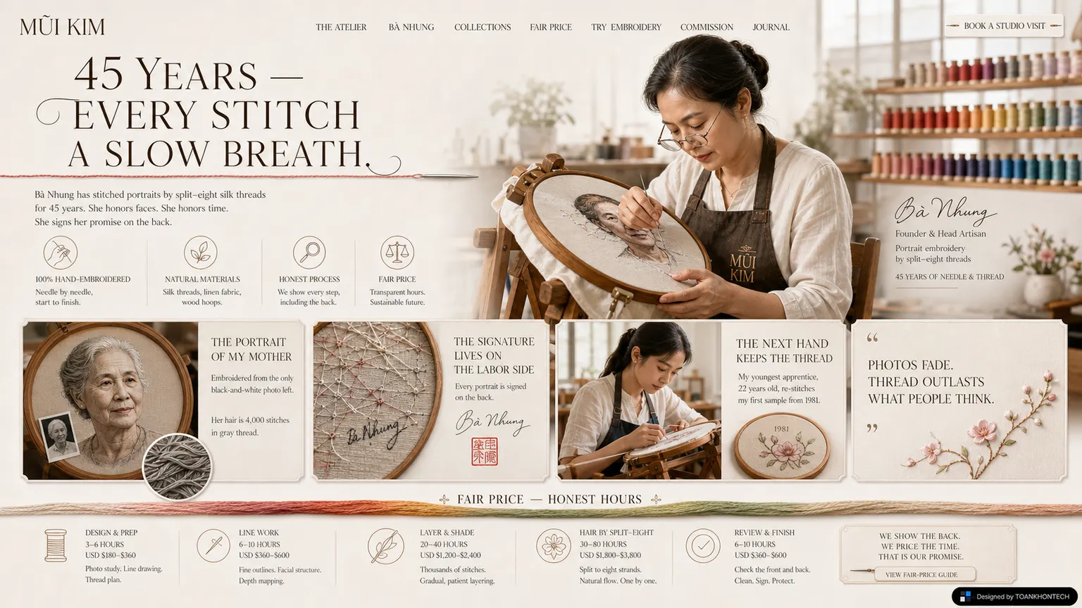 MŨI KIM website concept artboard focused on artisan practice