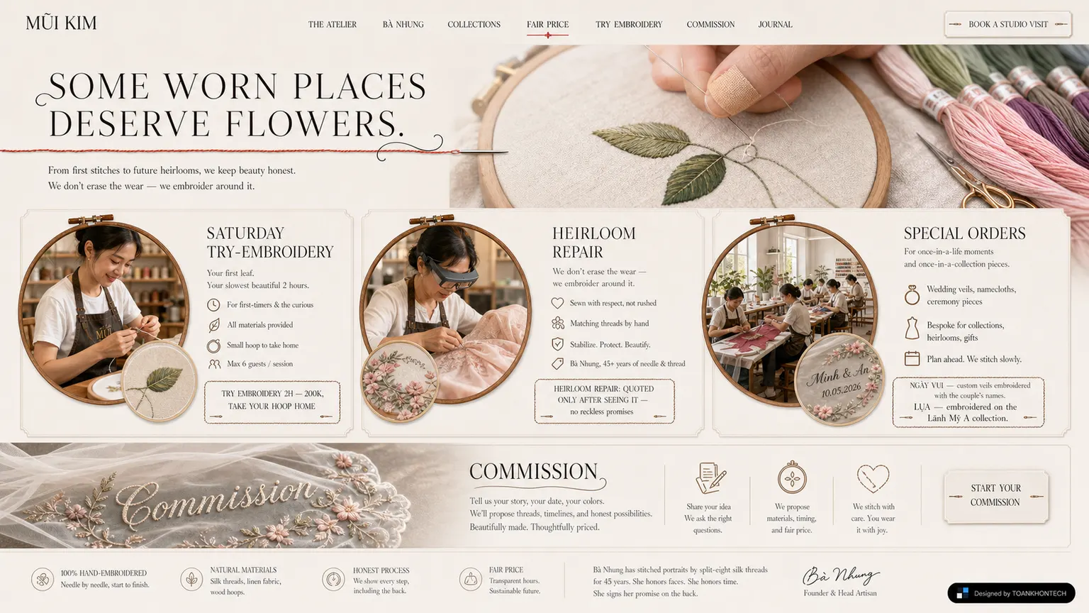 MŨI KIM website concept artboard focused on workshop learning