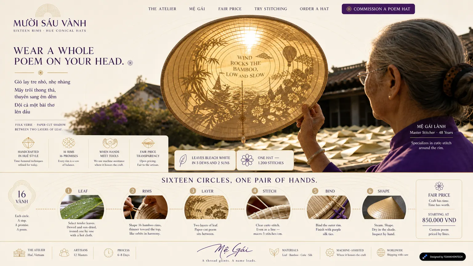 MƯỜI SÁU VÀNH website concept artboard focused on making process