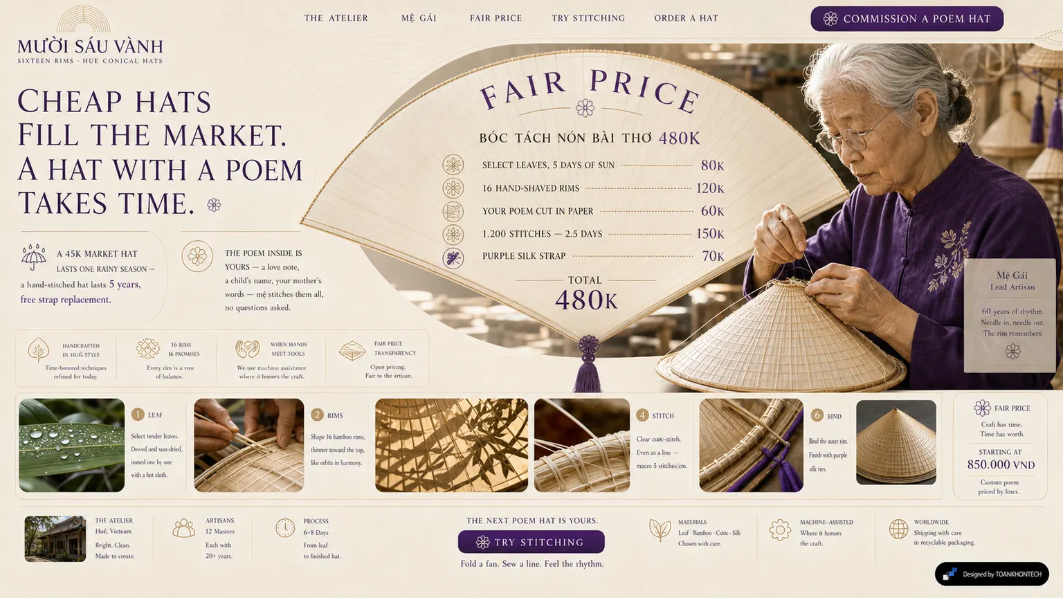 MƯỜI SÁU VÀNH website concept artboard focused on fair-price model