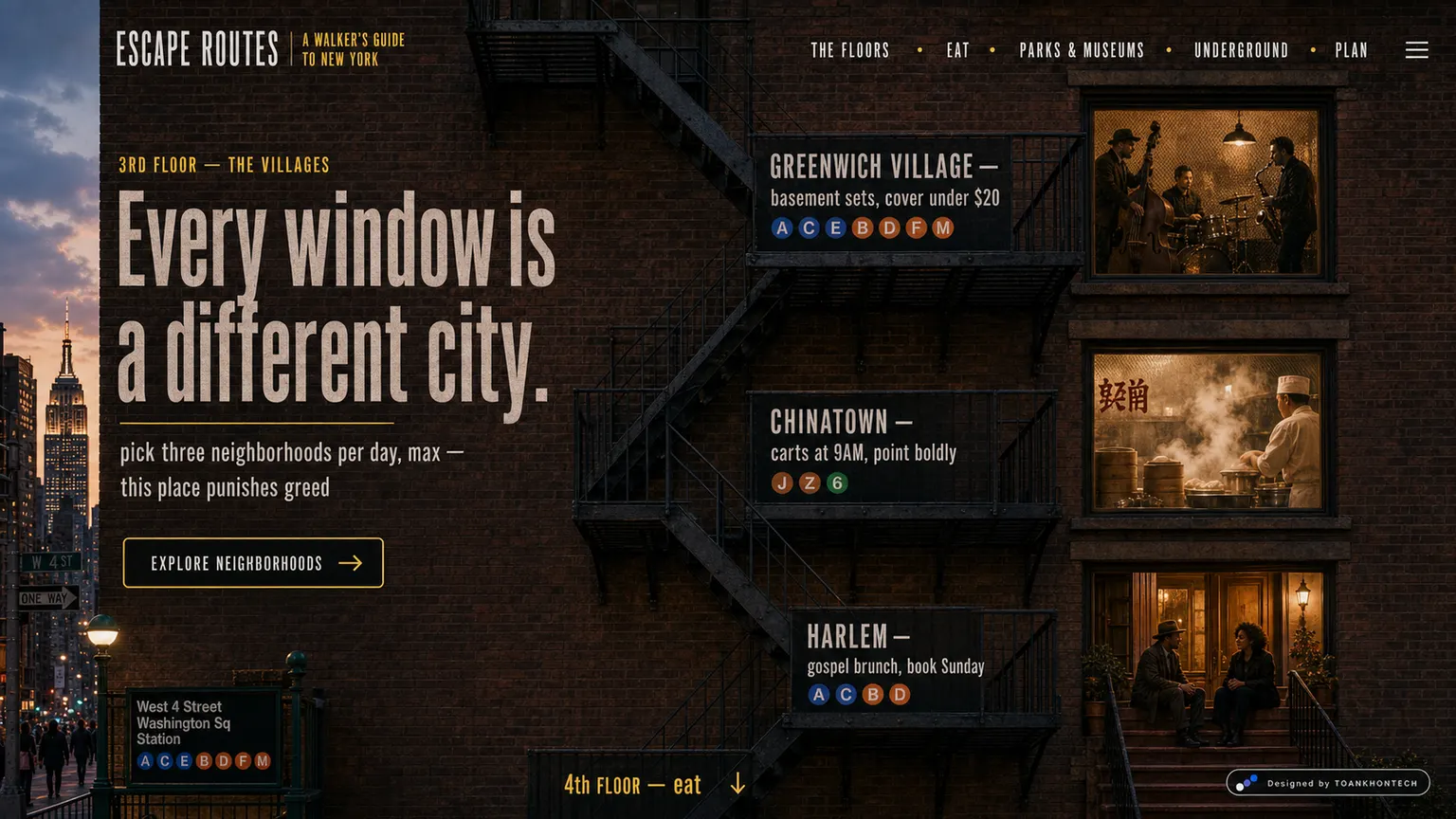 ESCAPE ROUTES website concept artboard focused on neighborhoods