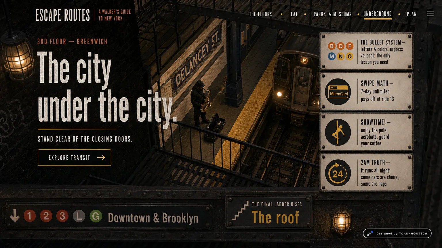 ESCAPE ROUTES website concept artboard focused on underground