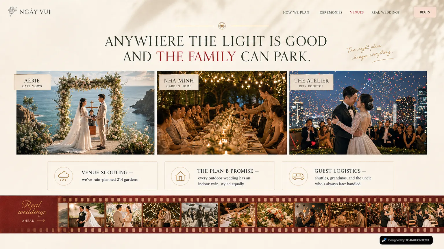 NGÀY VUI website concept artboard focused on venues