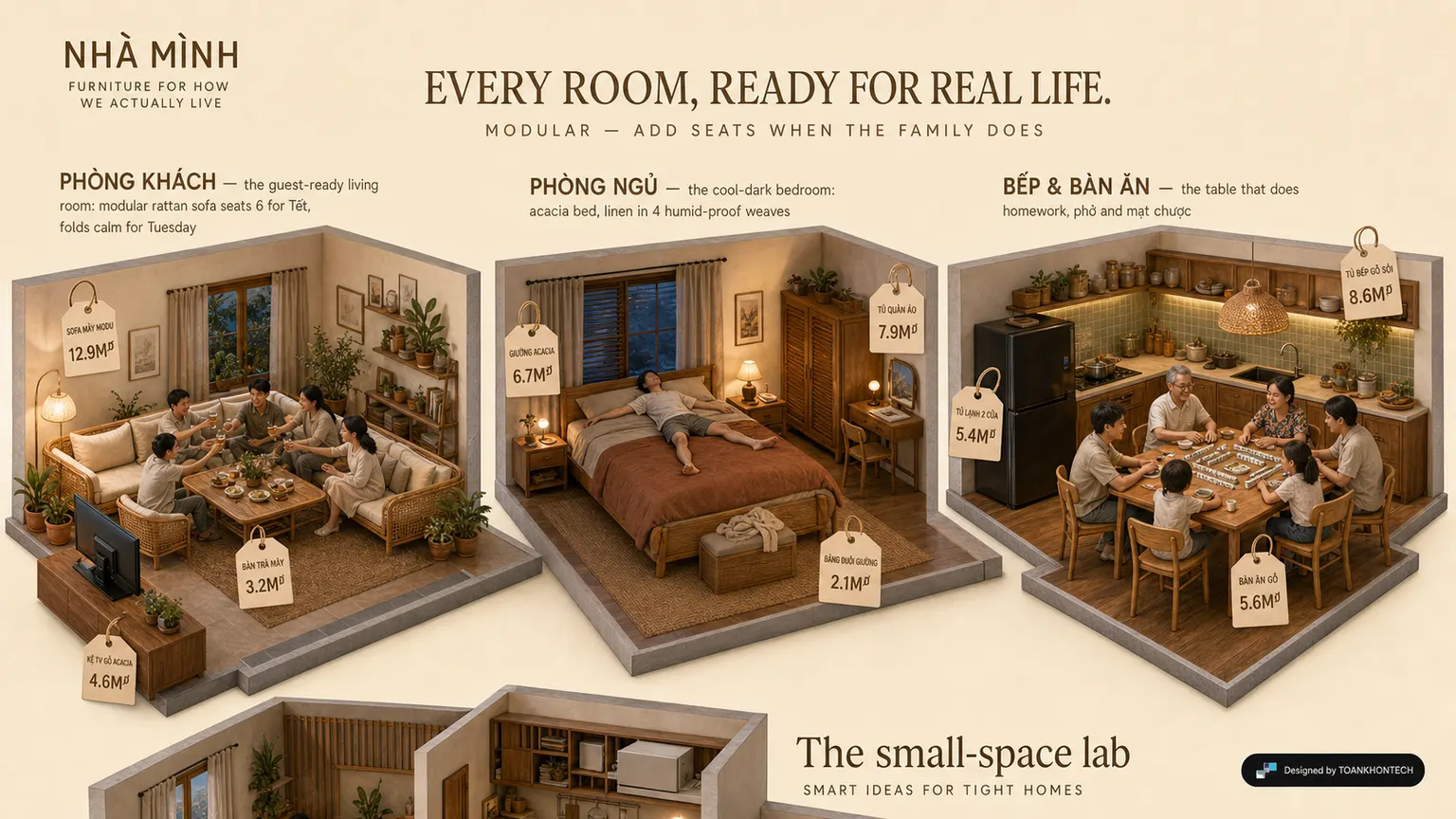 NHÀ MÌNH website concept artboard focused on rooms and stays