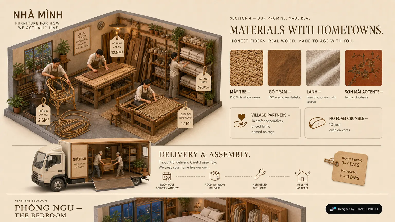 NHÀ MÌNH website concept artboard focused on materials