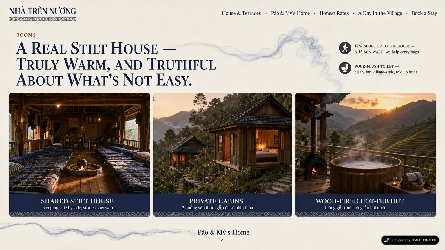 NHÀ TRÊN NƯƠNG website concept artboard focused on rooms and stays