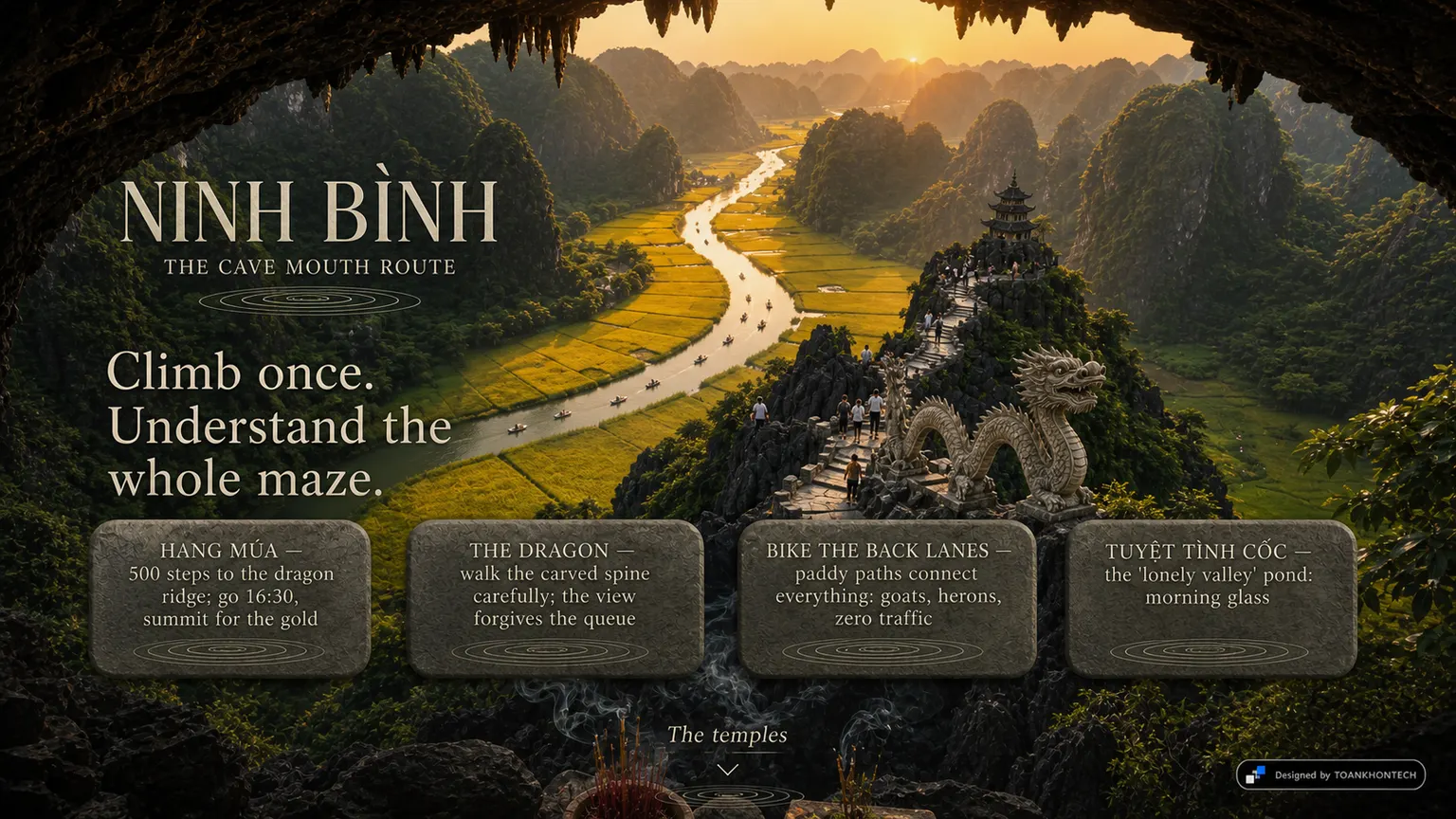 NINH BÌNH — THROUGH THE CAVE MOUTH website concept artboard focused on peaks