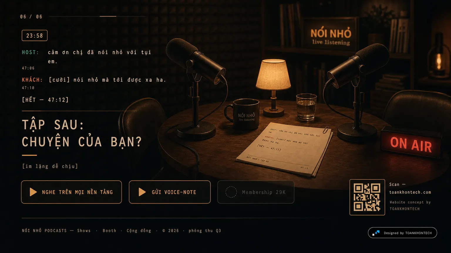 NÓI NHỎ PODCASTS website concept artboard focused on closing invitation