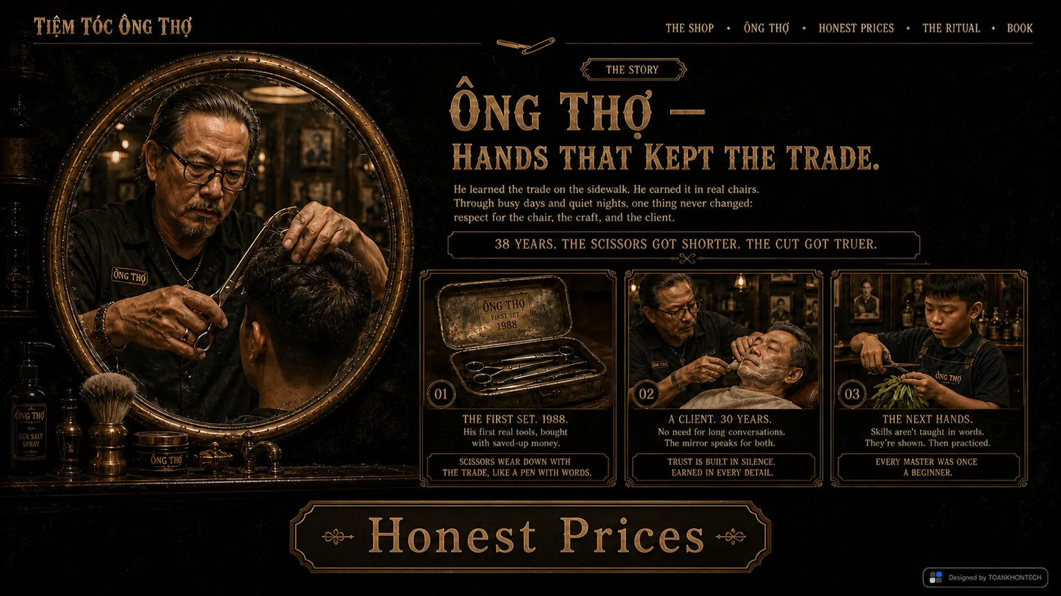 TIỆM TÓC ÔNG THỢ website concept artboard focused on story