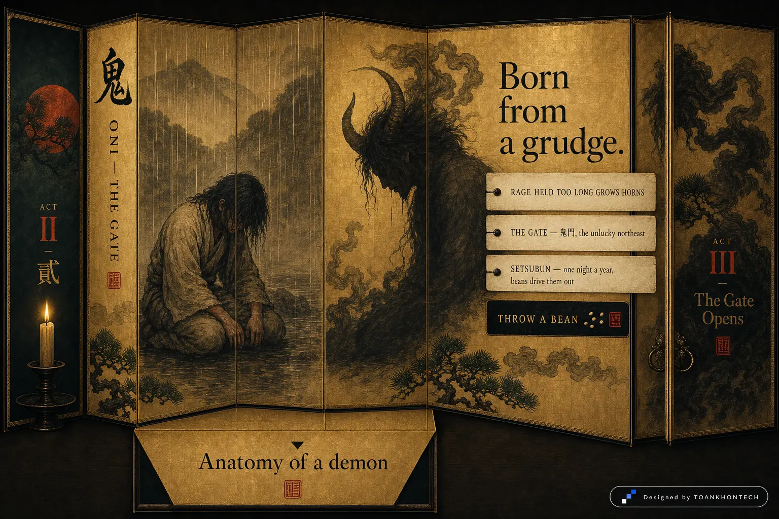 鬼 ONI — THE GATE website concept artboard focused on place of origin