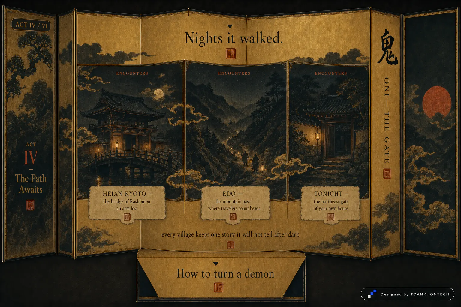 鬼 ONI — THE GATE website concept artboard focused on encounters