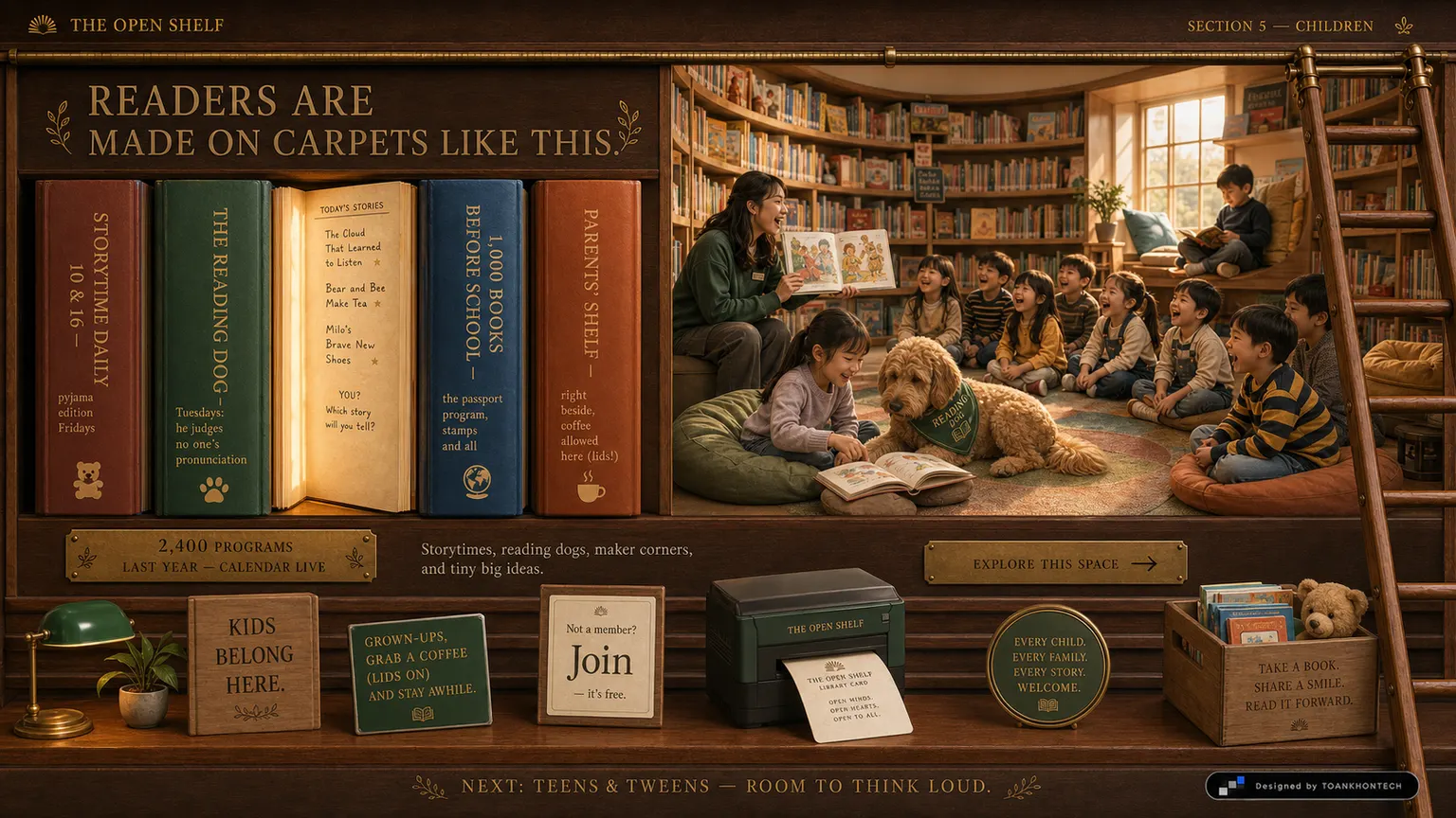 THE OPEN SHELF website concept artboard focused on forkids