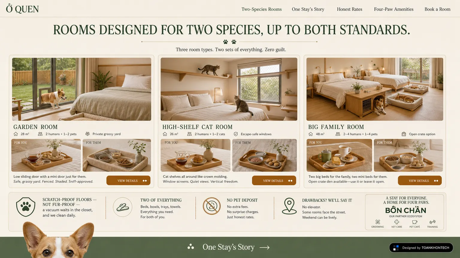Ổ QUEN website concept artboard focused on rooms and stays