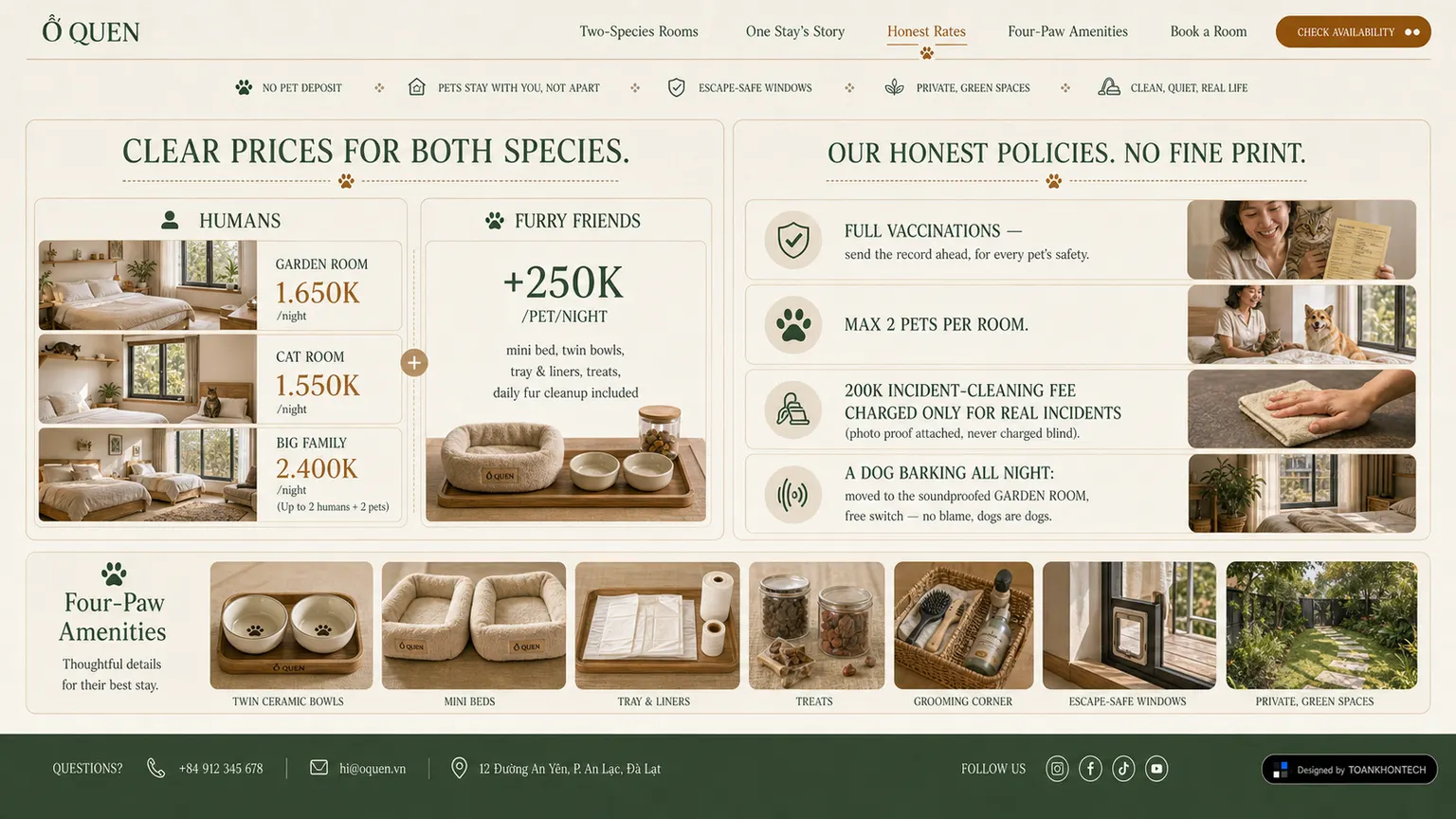 Ổ QUEN website concept artboard focused on rates and booking terms