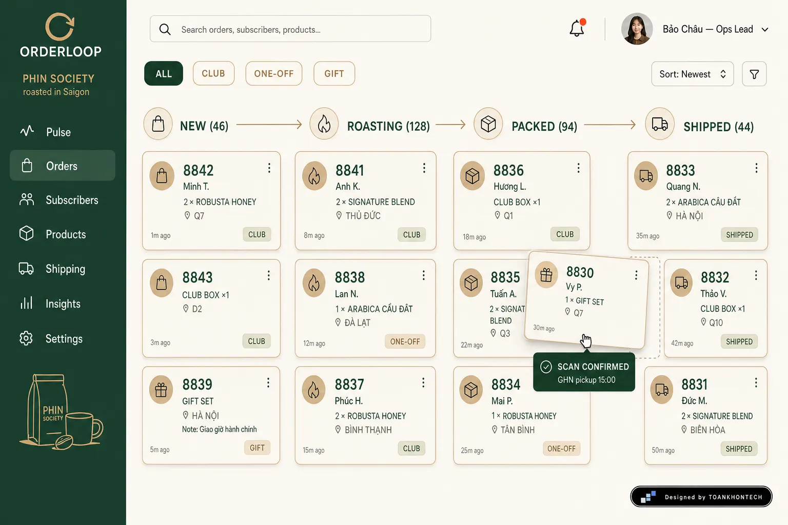 ORDERLOOP website concept artboard focused on orders