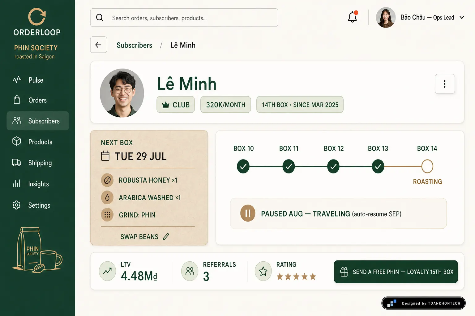 ORDERLOOP website concept artboard focused on subscriber