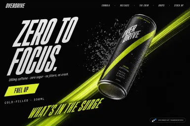 OVERDRIVE — 200mg caffeine · zero sugar · no jitters, no crash.