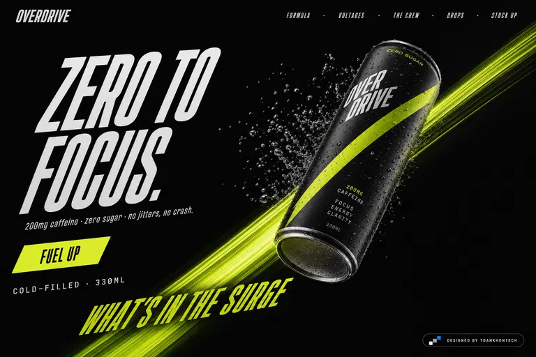 OVERDRIVE — 200mg caffeine · zero sugar · no jitters, no crash.